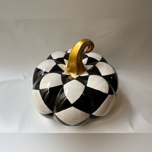 Mackenzie Childs Style Harlequin Black and White Check Pumpkin with Gold Stem